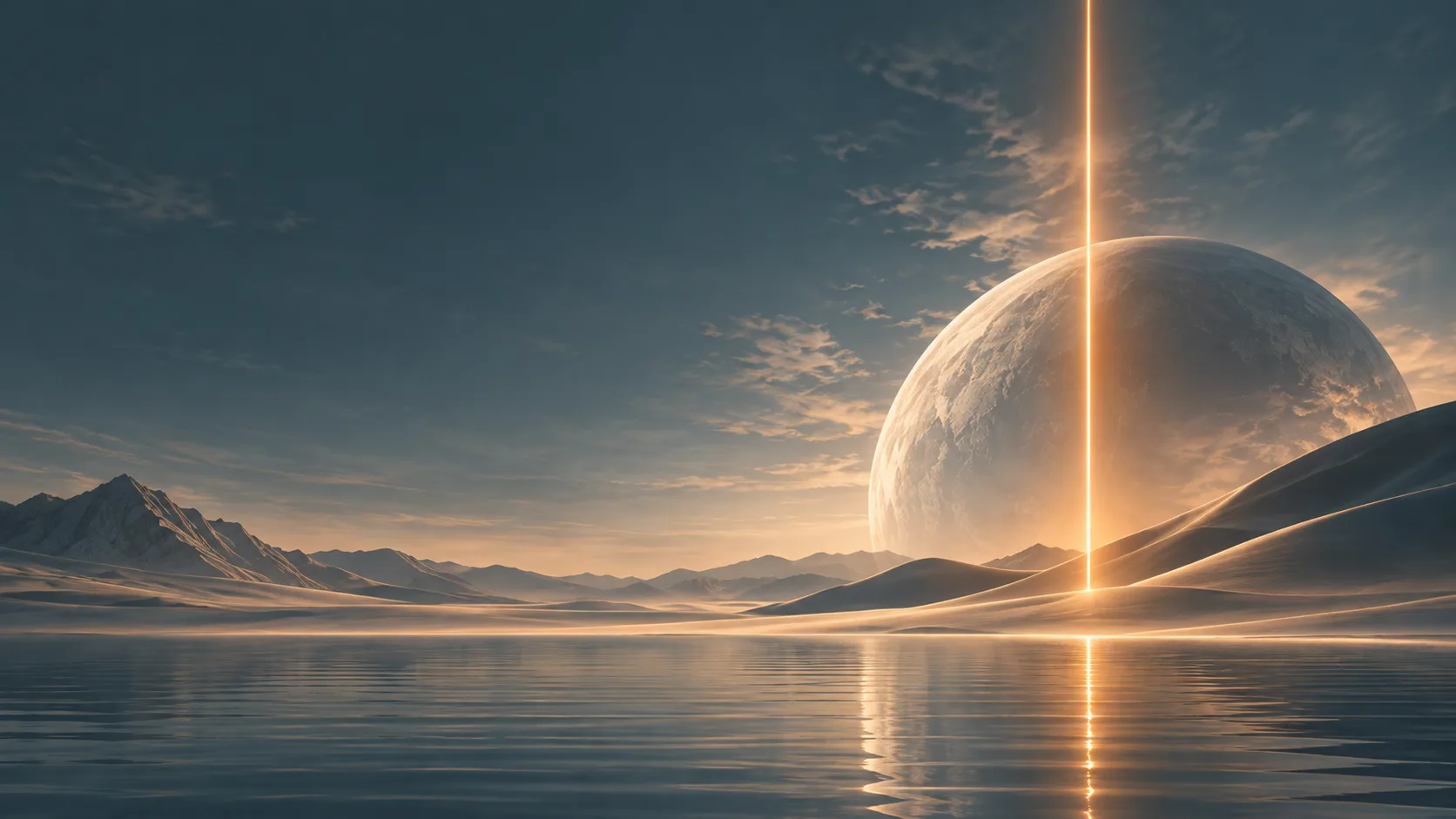 A vast translucent moon, golden dunes and a mirror-like lake in gray-teal dusk, with one orange-gold beam of light crossing the landscape